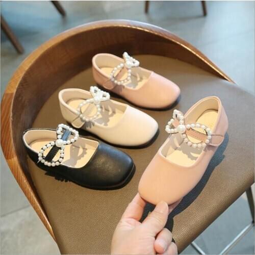 Korean pearl Girls Single Shoes Princess shoes2021 Spring Fashion PU Leather For Girls Bowtie Dance Shoes