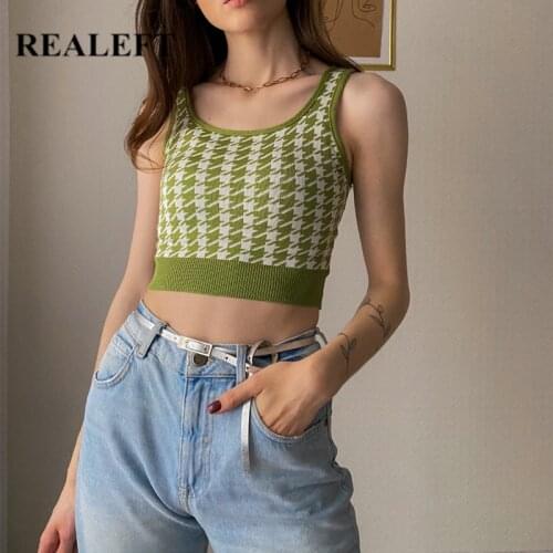 REALEFT 2021 New Sexy Women Summer Crop Tops Short Fashion Houndstooth Sleeveless Knitted Tops Vest Ladies Stretchy Camis Female