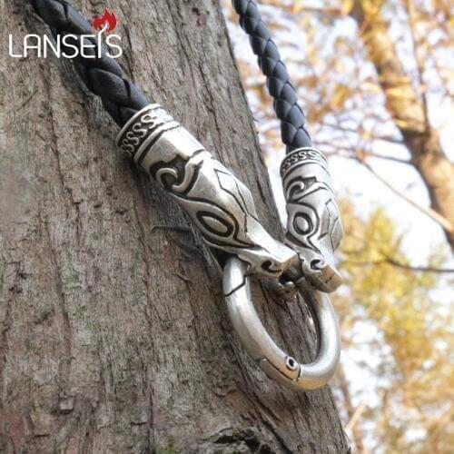 Lanseis 1pcs viking wolf chain leather necklace men necklace