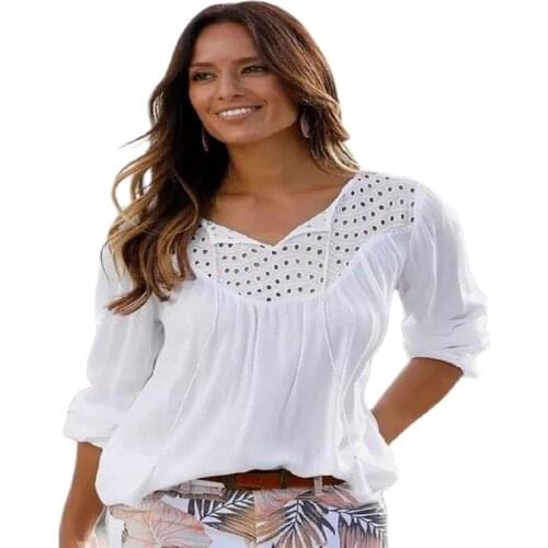 2021 Hot-Selling New Ladies Shirts Fashion V-Neck Long-Sleeved Hollow Stitching Rayon Wrinkled Long-Sleeved Shirt Shirt