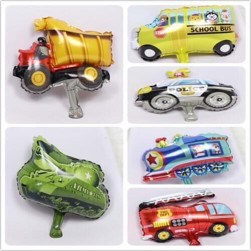 10pcs Mini Size Tank Fire Engine Engineering Vehicle Policeman Car School Bus Vehicle Kids Birthday Party Decoration Foil Ballon