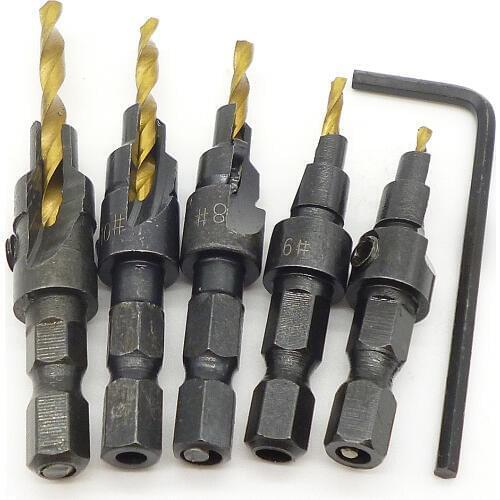 5pcs Hss Countersink Drill Bit Set Quick Change 1/4" Hex Shank Trim Screw #5 #6 #8 #10 #12 Counter Bore Woodworking Tools