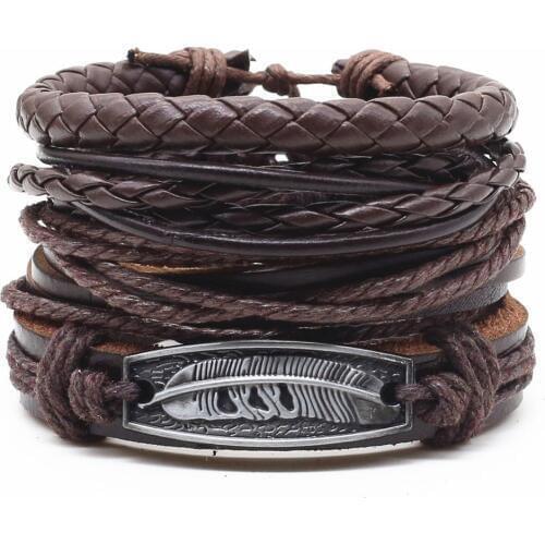 New 4 Pcs/set Weave Vintage Punk Beads Male Women Cross Feather Love Rudder Men Leather Charm Bracelets Female Homme Jewelry
