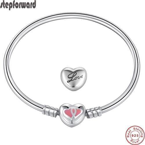 Original Good Quality Popular Pink Double Heart Enamel 925 Sterling Silver Love Forever Heart Clasp Charm Bracelet And Bangle