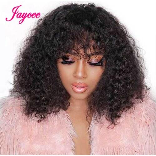 Brazilian Kinky Curly Human Hair Wigs With Bangs Scalp Top Full Machine Made Wigs For Women Short Bob Wig With Bang