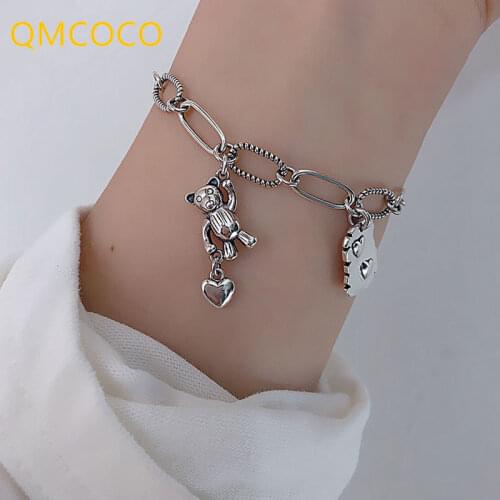 QMCOCO 925 Silver Bracelet New Style Fashion Vintage Punk Bear LOVE Heart-Shape Pendant Thai Silver Party Jewelry Gifts For Girl