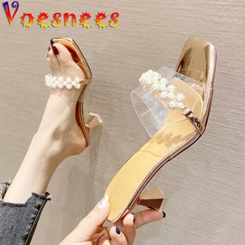 String Bead Sweet Women Shoes Summer New Slippers Square High Heels Korean Style Chain Female Slides Sexy Party Outside Sandals