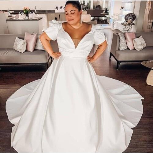 Wedding Dress Plus Size Short Sleeve A-Line Satin With Cheapel Train Long African Bridal Gowns Cheap Simple Women Brides Big