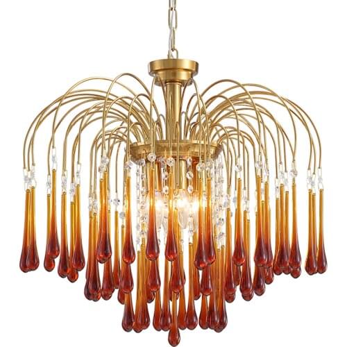Vintage Italian Amber Clear Glass Teardrop Brass E14 LED Chandelier Living Room Restaurant Bedroom Home Decoration Ceiling Light