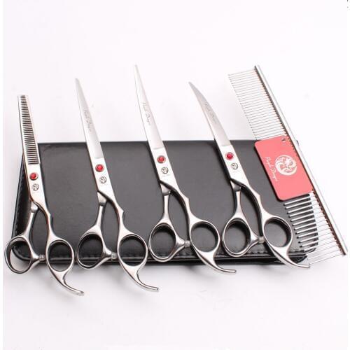 Z3003 5Pcs Set 7'' Silvery Pets Hair Steel Comb + Cutting Shears + Thinning Scissors + Professional Dogs Cats Curved Shears Suit