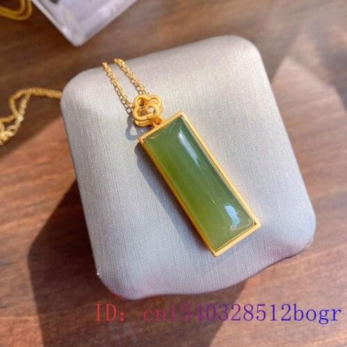 Green Jade Rectangle Pendant Necklace Gifts 925 Silver Women Gemstone Natural Jewelry Chalcedony Amulet Crystal Charm Chinese
