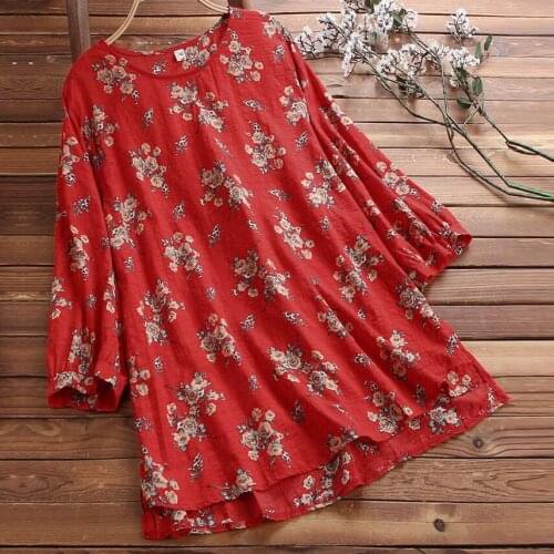 2021 Womens Summer Cotton Linen Floral Print Shirt Pullovers Plus Size Casual Loose Blouse Top Blusa