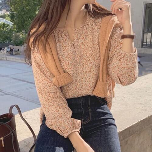 Womens Floral Printing Blouse Autumn O Neck Loose Long Sleeve Shirts Fall Women Clothing
