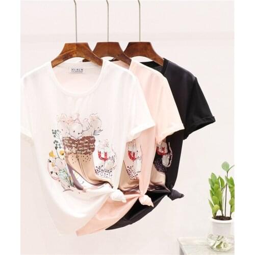 Cotton T-shirt Women Pink White Black T-shirt Female Tops Harajuku Tshirt Beaded Cute Mouse Short Sleeve Tee Ropa Mujer tops