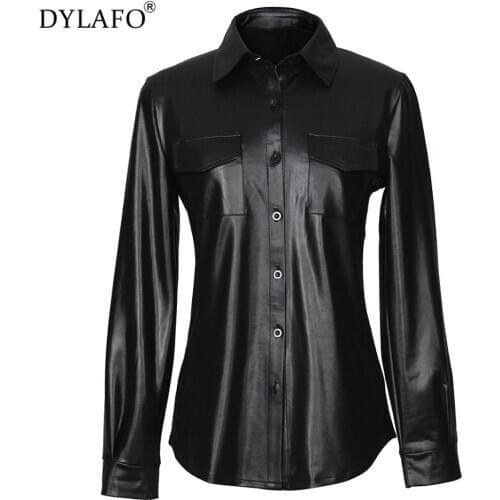 Womens PU Leather Long Sleeve Blouses Nightclub Sexy Women PU Shirt Fashion Female Ladies Elegant Long Sleeve Tops