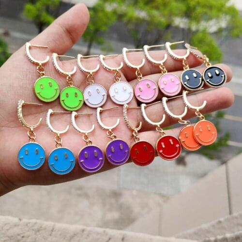 JUST FEEL New Happy Smiley Face Crystal Drop Earrings For Women Girls Colorful Enamel Smile Dangle Earrings Trendy Party Jewelry