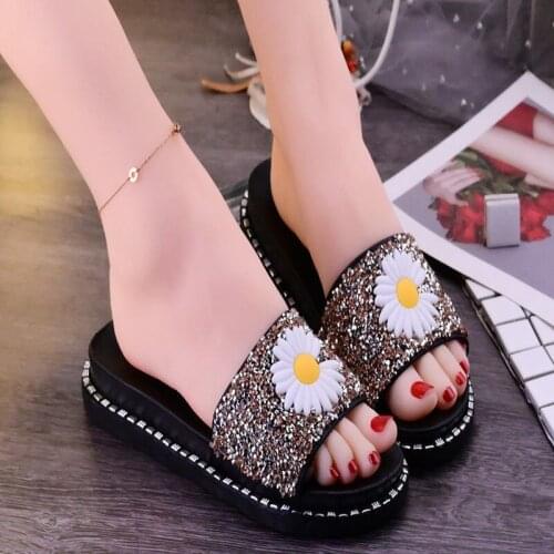 Slippers Womens Outerwear 2021 New Summer Fashion Rhinestone Platform Slippers Female Shoes