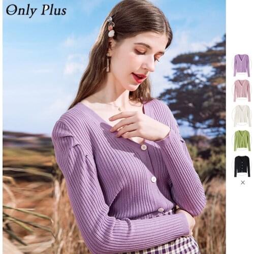 ONLY PLUS Spring Knitted Cardigan Blouse Sweater V-Neck Cute Casual Button Solid Short Tops Slim Long Sleeve 2021 Autumn Blouse