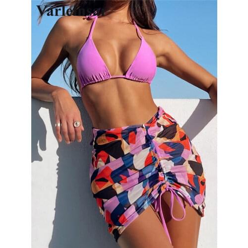 Halter Thong Bikini Women Swimwear Female Swimsuit Three-pieces Bikini set With Colorful Skirt Bather Bathing Suit Swim V2959