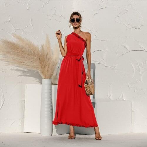 Summer Sexy Diagonal Collar One Shoulder Sleeveless Long Dress Women Solid Color Casual Sashes Edible Tree Fungus Robe Vestidos