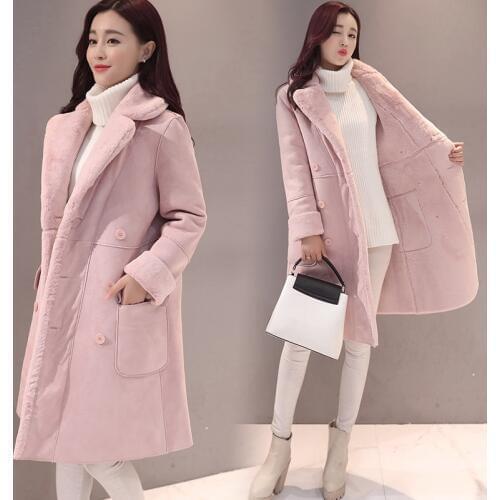 2019 Winter Women Lambswool Overcoat Plus Velvet Casual Double-breasted Cashmere Coat Female Elegant Long Sleeve Outerwear R537