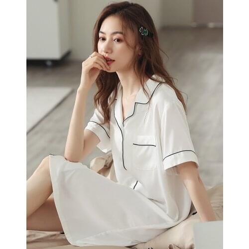Women‘s Night Dress White Sleepwear Summer Satin Sleepshirts Short Sleeve Robe Sexy Nightshirt Nightgown Ice-Silk Sleepingdress