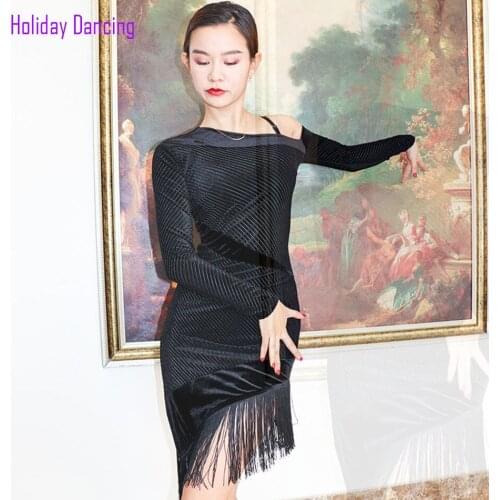 Women Latin Dance Dress One Side Bare Shoulder Tassel Dancing Practise Cloth Samba Tango Chacha Dancing Performamnce LW406