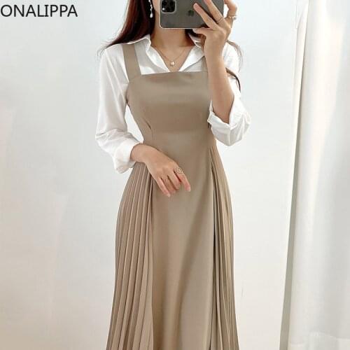 ONALIPPA Women Sets 2021 Autumn Korean Temperament Style Lapel Tie Long-Sleeved Shirt High-Waist Side Pleated Suspender Dress