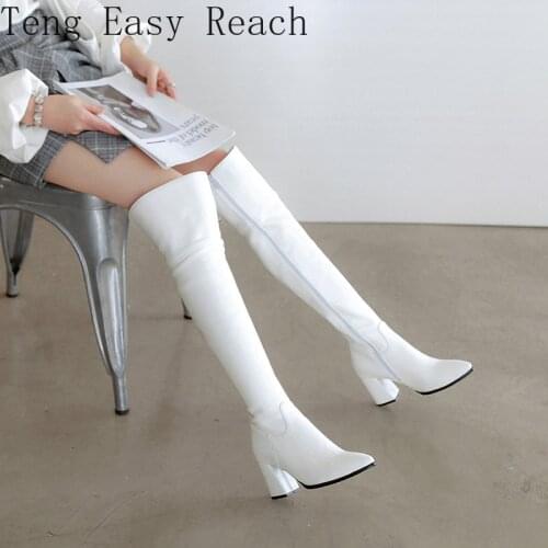 2021 Winter White Black Over Knee Boots Womens Pointed Toe High Heels Knight Long Riding Boots Buckle Ladies Shoes Botas 35 39