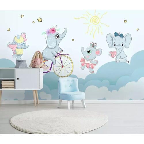 Bacal Custom wallpaper baby room cute cartoon elephant riding bicycle hamster cloud children background walls 3d wallpaper mural