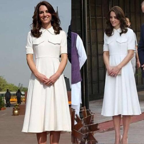 Kate Middleton Princess White Solid Dress Fashion A-Line Casual Dresses