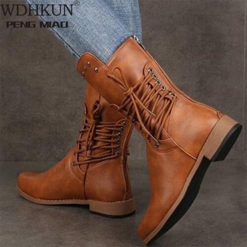 Woman Mid Calf Boots Women Lace Up Rivet Low Heels Female Zip Footwear Ladies Leather Short Boots Womens Shoes Plus Size 43