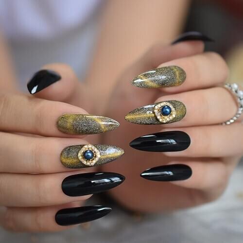 Black 3D Fashion Elegant Fake Nail Elegant Gemstone Long Nail Tips Cat Eyes Unique Designed Adult Artificial Fake Nails