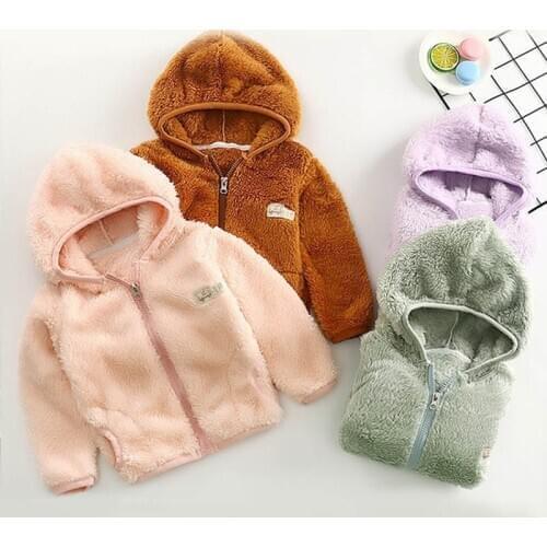 Toddler Baby Autumn Winter Outerwear Kids Hooded Coral Fleece Clothes Children Girls Solid Color Coat Boys Casual Zipper Jacket