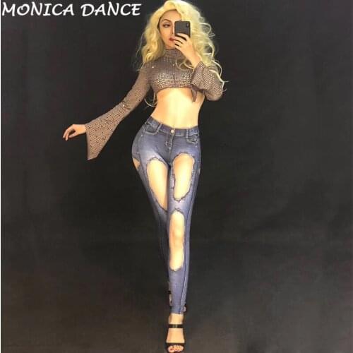 Women Sexy Stage Jeans Jumpsuit 3D Printing Sparkling Crystals Stage Wear Nightclub Party Performance Show Bling Dance Costumes