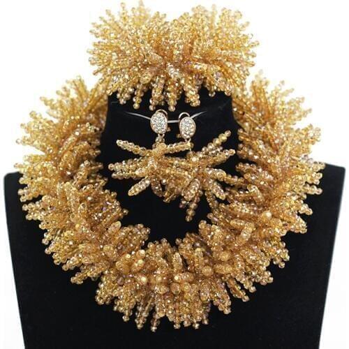 Exclusive Champagne Gold Gothic Crystal Beads Necklace Jewelry Set Big Heavy Women Jewelry Set Nigerian Wedding African WE111