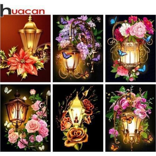 Huacan Diamond Painting Flower Light 5d Diy Mosaic Rose Lantern Embroidery Butterfly Home Decor Diamond Art