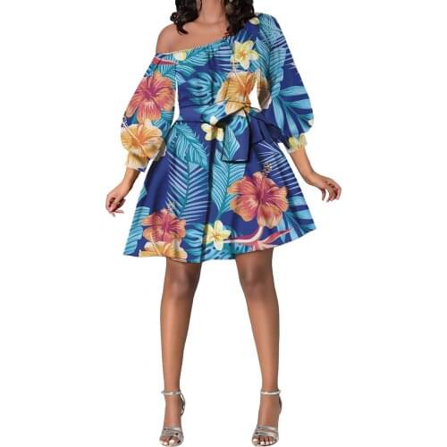 Hycool Casual Blue Floral Print Bow Party Wear Dresses For Lady Vintage Elegant Princess Puffy Sleeve Off Shoulder Flare Dress