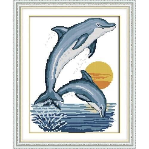 Joy Sunday Two Little Dolphins Decor Painting Counted Print on Canvas 11&14CT Cross Stitch Kits Embroidery Needlework Set Animal
