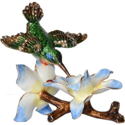 Hummingbird at Flower Trinket Box Metal Jewelry Box Bird Figurines Decoration