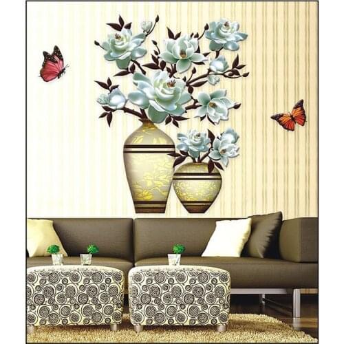 12 Kinds Chinese Style Vase Wall Stickers 3D Beautiful Floral Home Decor Decals Waterproof PVC Wallpaper for Living Room Bedroom