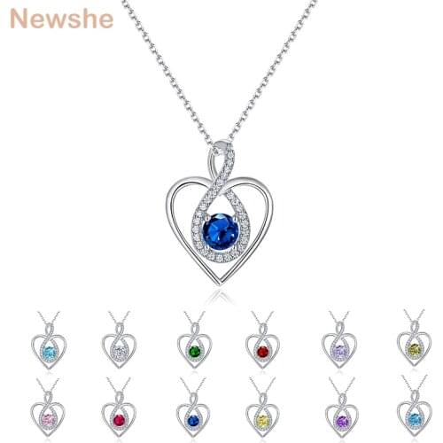 Newshe 12 Color Gemstone 925 Sterling Silver Pendant Neckalce AAAAA CZ Romantic Heart Shape New Trendy Jewelry Mothers' Day Gift