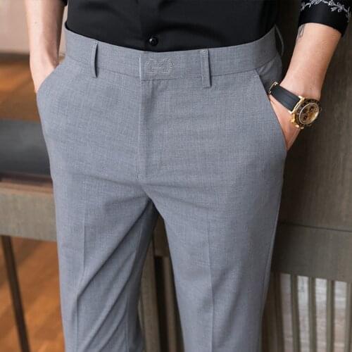 2021 new Pantalones Hombre mens trousers business casual solid color slim-fit trousers men formal office dress nine-point pants