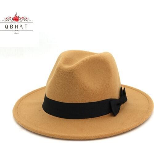 QBHAT Solid Color Black Wool Felt Panama Fedora Hat Bowknot Band Decorated Women Mens Wide Brim Jazz Hat Cap Trilby QB27