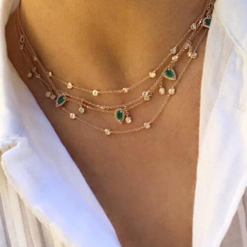 Green tear drop cubic zirconia charm Gold color fashion 2019 women luxury gorgeous charming necklace