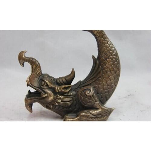 Song voge gem S0379 Chinese Folk Copper Bronze Feng Shui Evil Lucky Dragon arowana Dragonfish Statue