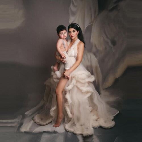 Sexy Puff Halter Maternity Dresses V Neck Sleeveless Flouncing Plus Size Women Photography Shoot Tulle Dressing Gowns For Bridal