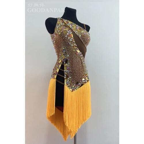 GOODANPAR Latin Dance Dress Fringes Lycra Dance Wear Salsa Samba Rumba Costume With Bodysuit buit in Bra Sexy dance costume