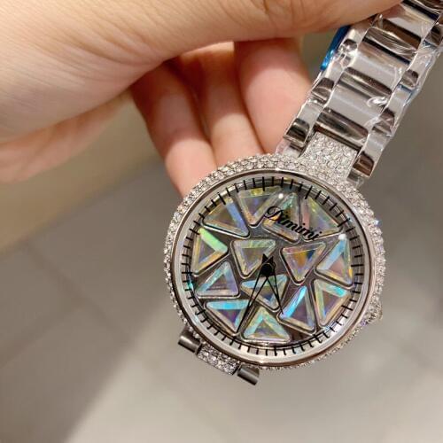 Luxury Full Colorful Rhinestones Spinning Watches for Women Triangle Zircons Jewelry Watch Full Steel Bracelet Waterproof Montre