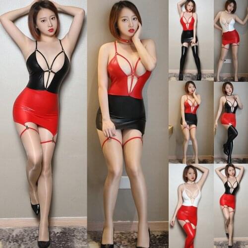 Sexy Lingerie Latex Mini Dress Bandage Bodycon PU Leather Porno Underwear Women Erotic Sex Sleepwear Night Dress Sex Costumes
